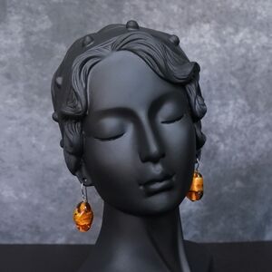 Vintage Artisan Hand Blown Amber Glass Drop French Hook Earrings